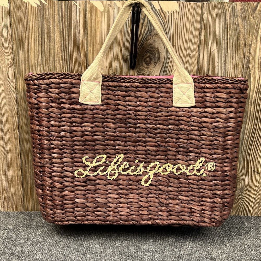 Life Is Good Cornhusk Picnic Basket Tote Bag Big Script Drawstring Inner Lining